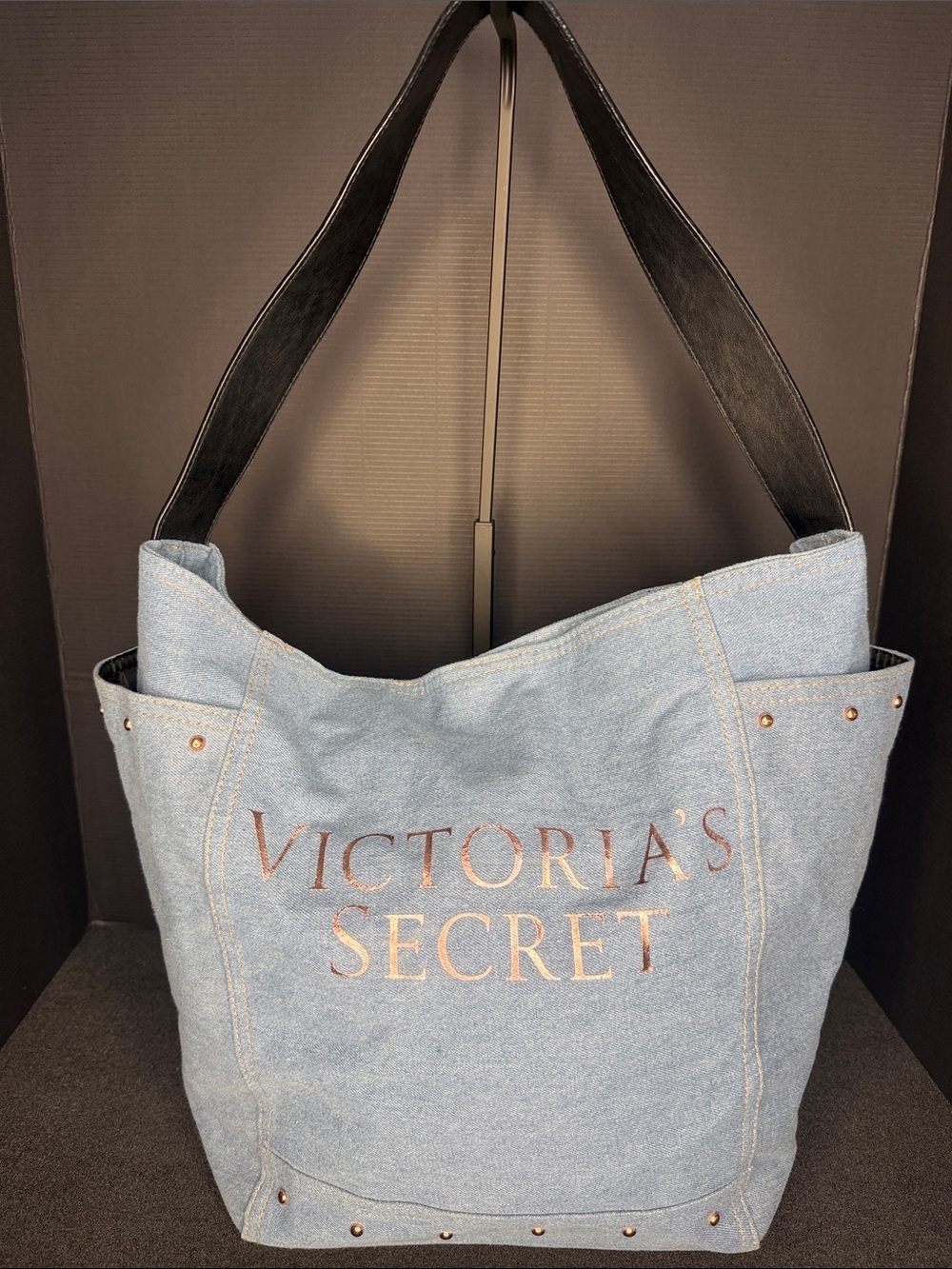 Victoria's Secret Light Denim Tote with Black Straps and Rose Gold Logo NWOT